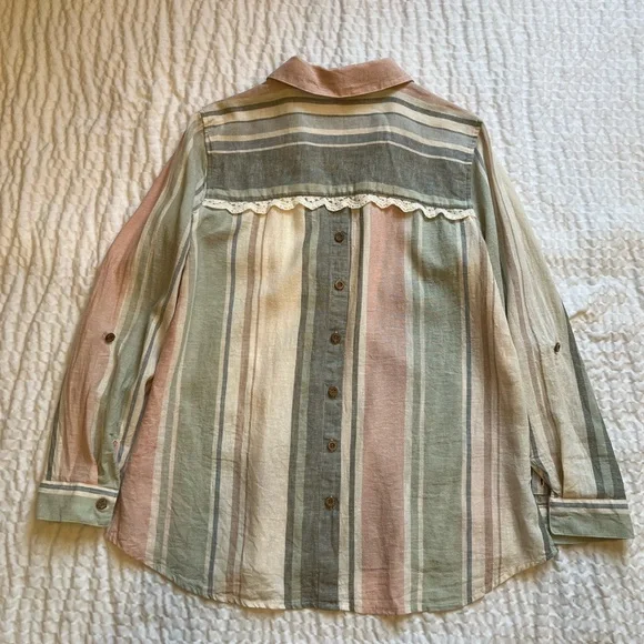 Multiples- Linen Blend Striped Button Down Shirt- Small - Picture 7 of 9